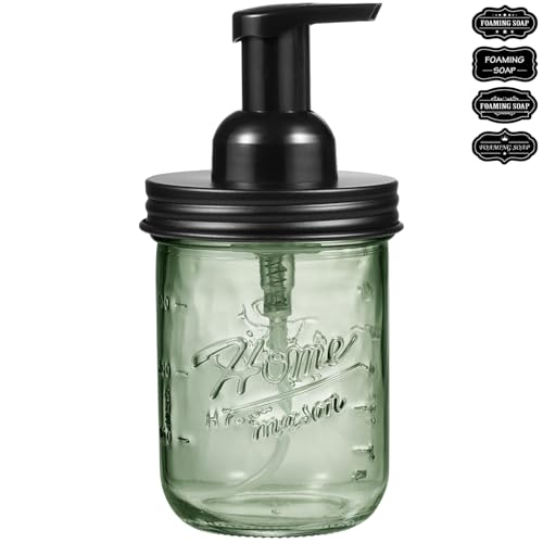 SheeChung Mason Jar Foaming Soap Dispenser, Stainless Steel Lid, BPA Free Pump, Green Glass Foam Hand Soap Dispenser, 16Oz Refillable Liquid Foam Dispenser Bottle for Bathroom Kitchen, Dish Soap-Black - color: Wide Mouth, Black-1 Pack