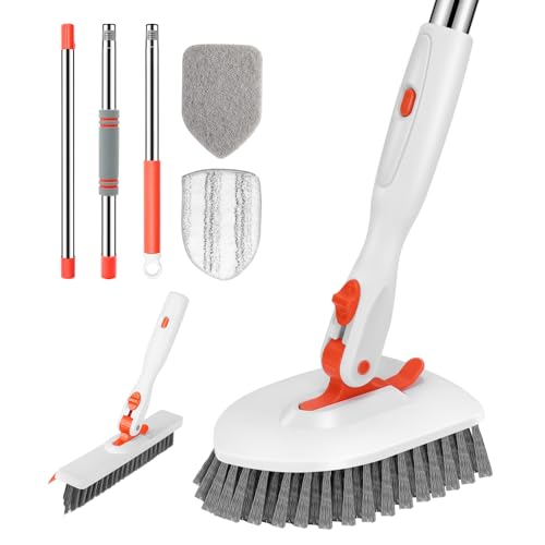 SetSail 4-in-1 Tile Tub Floor Scrubber with 52-inch Adjustable Long Handle Shower Cleaner Brush with V-Shaped Grout Brush and 3 Replacement Brush Heads for Cleaning Bathroom Kitchen Walls Tub Tile - color: Orange, size: 2 pads+VSH