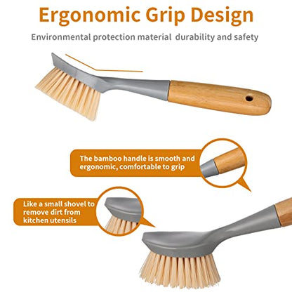 2 Pack Kitchen Dish Brush Bamboo Handle Dish Scrubber Built-in Scraper, Scrub Brush for Pans, Pots, Kitchen Sink Cleaning, Dishwashing and Cleaning Brushes are Perfect Cleaning Tools, Color-Gray - style: Gray