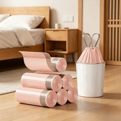 6Rolls Extra Thick & Durable Drawstring Trash Bags - Large, Portable Kitchen Waste Bags for Home Use