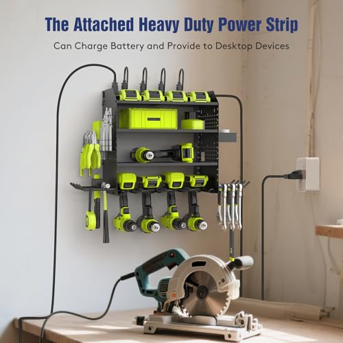 Heavy Duty Power Tool Organizer Wall Mount with Charging Station, 4 Layer Garage Storage Adjustable Shelves Height, Holds 4 Drills, 2 Hooks, Screw & Screwdriver box, Gifts for Fathers Day, Anniversary - color: Black