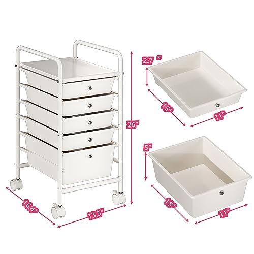 6-Tier Rolling Cart with 5 Drawers, Rolling Utility Cart with 2 Lockable Caster Wheels, Multipurpose Mobile Rolling Storage Drawer Cart for Office Bathroom Kitchen, Ivory White - size: White, 5-Tier, 4S/1L Drawer