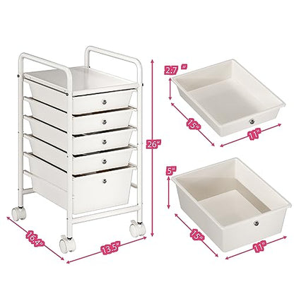 6-Tier Rolling Cart with 5 Drawers, Rolling Utility Cart with 2 Lockable Caster Wheels, Multipurpose Mobile Rolling Storage Drawer Cart for Office Bathroom Kitchen, Ivory White - size: White, 5-Tier, 4S/1L Drawer