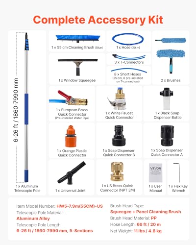 VEVOR Solar Panel Cleaning Kit, 26 ft, Water Fed Pole Kit with Cleaning Brush, Squeegee, Soap Dispenser, Extendable Aluminum Telescopic Pole, 180° Rotatable Brush Head, for Roof Mounted Solar Panels - size: 26 Ft