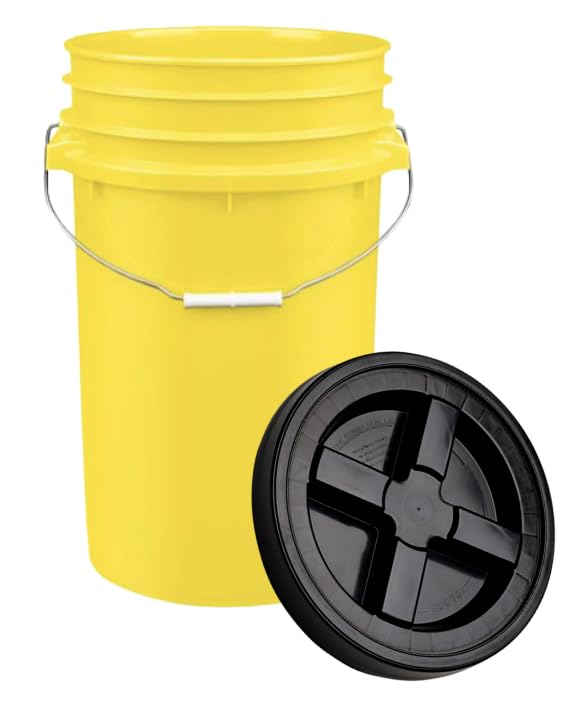 House Naturals Plastic Food Grade Made in USA Bucket with lid, Large 7 Gallon Container Comes with Screw On Lid (1, Yellow with Black lid) - color: Yellow With Black Lid