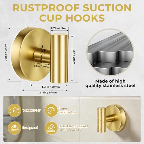 Suction Cup Hooks for Shower Heavy Duty, Shower Hooks No Drill, Shower Hooks for Inside Shower Stainless Steel, Suction Hooks for Window, Glass, Tile, Wall, Loofah, Bath Robe, Wreath, Gold 4 Pack - color: Gold