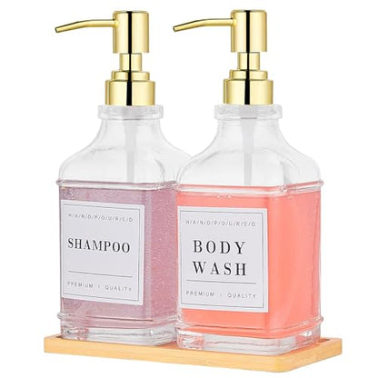 Dish and Hand Soap Dispenser for Kitchen,Glass Soap Dispenser with Pump,Tray,Funnel, Set of 2 Countertop Soap and Lotion Dispenser for Bathroom,Shower,500ml/16.9oz, - color: Ks-5070-28y-2g