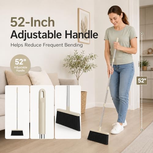 Broom and Dustpan Set, 52-Inch Adjustable Long Handle with Self-Cleaning Comb Teeth, Flexible TPR Lip and Foot-Assisted Fold-Up Dustpan for Home, Kitchen, Office and Apartment, Gray Yellow - color: Gray Yellow
