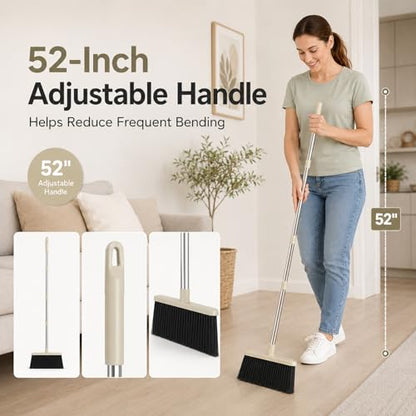 Broom and Dustpan Set, 52-Inch Adjustable Long Handle with Self-Cleaning Comb Teeth, Flexible TPR Lip and Foot-Assisted Fold-Up Dustpan for Home, Kitchen, Office and Apartment, Gray Yellow - color: Gray Yellow