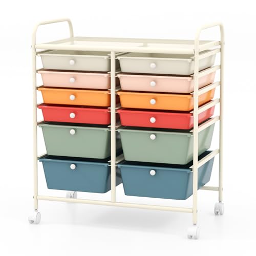 COSTWAY 12-Drawer Rolling Storage Cart, Moveable Art Craft Organizer W/Lockable Wheels, Metal Shelf, Files Arrangement Tools Makeup Storage Cart for Office, Home, School, Macaron - color: Macaron, size: 12 Drawer