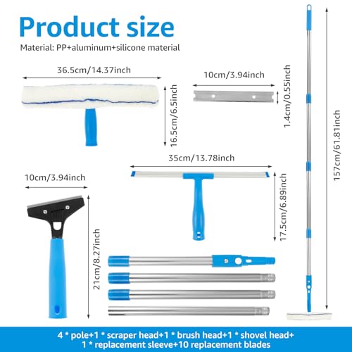 Window Washing Kit, Glass Scraper Cleaner Kit, Window Squeegee Cleaner Set, Glass Cleaning Instrument with Silicone Squeegee and Microfiber Scrubber, No Water Marks Efficient for Home
