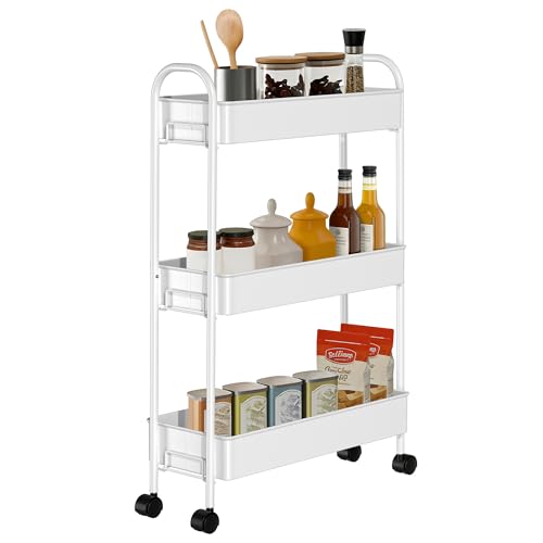 Slim Rolling Cart, Metal Frame Utility Rolling 3-Tier Narrow Storage Cart with Handle Kitchen Storage Organizer, Mobile Shelving Unit for Bathroom Kitchen - color: White