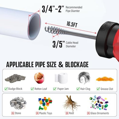 POPULO 17FT Auto Feed Drain Snake, Upgraded Toliet Auger for 3/4"-2" Pipe, Plumbing Hair Drain Clog Remover with Extension Tube for Toliet, Shower, Bathtub, Kitchen, Sink, 2025 PMDA-G2 - style: 17Ft