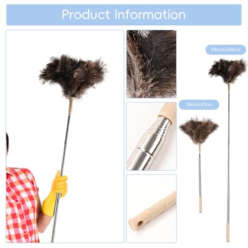 THARAHT Extendable Ostrich Feather Duster up to 27-94 inches Fluffy Feathers Long Handle Reusable for Cleaning Ceiling Fan Pendant lamp High Ceiling Blinds Furniture Feather Duster - size: 27-94inch