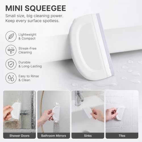 Silicone Shower Squeegee, Wooden Handle Glass Squeegee, Multi-Purpose Window Squeegee for Cleaning Glass Door, Tile Wall, Kitchen Countertop with Stainless Steel Hook & Plastic Squeegee Board
