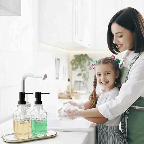 3 Pack Glass Soap Dispenser with Pump, 17oz/500ml Square Refillable Hand and Dish Soap Dispenser for Bathroom Decor & Kitchen Sink, Clear Pump Bottles for Liquid, Lotion (Includes 6 Labels) - size: 17 oz Clear 3Pack