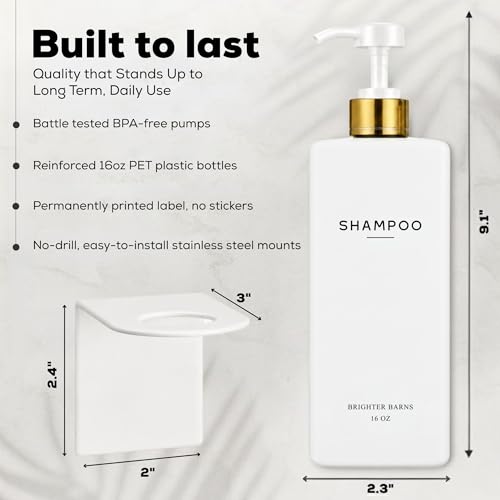 Luxury Shampoo and Conditioner Dispenser Set Wall Mounted by Brighter Barns - Refillable Shampoo Conditioner Body Wash Bottles - Wall Mounted Shower Dispenser for White and Gold Bathroom (White/Gold) - color: White/Gold