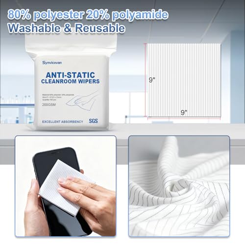 Anti-Static Microfiber Wipes 9"x9"(100 Pcs,Class 100, 200GSM) Lint Free Cloths Reusable Special ESD Protection Design is Suitable for Protecting Sensitive Electronic Components and Tools - size: 9" x 9" (Pack of 100)