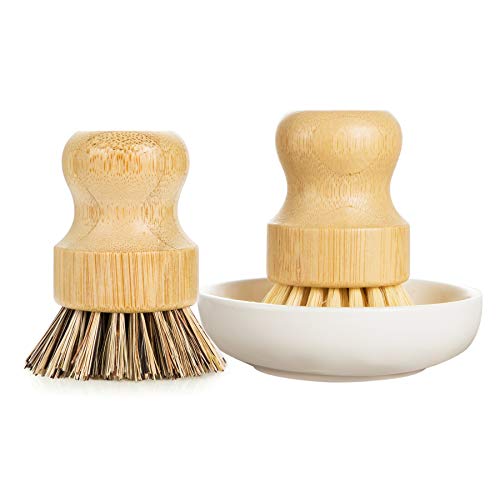 GREENTH PRO Palm Pot Dish Brush- Nature Bamboo 2 Packs Mini Durable Scrub for Kitchen Cleaning with Ceramics Holder