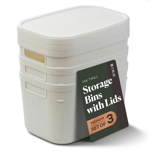 BINO | Plastic Storage Bins with Lids, 5.5 Liter - 3 Pack, White | THE TWILL COLLECTION | Plastic Bins for Organization | Woven Storage Baskets for Organizing | Pantry Shelf Organizer Basket Bin - color: White, size: 5.5L | 3-Pack