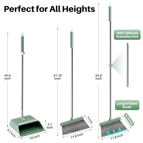 JOYMOOP Dark Teal Green Broom and Dustpan Set, Upright Angle with Built-in Comb Teeth, Ideal for Home, Office, Hardwood, Pet Hair - color: Dark Teal Green