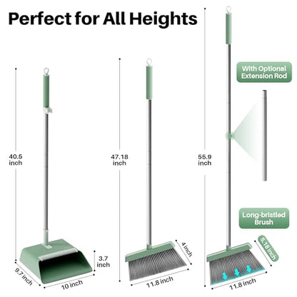 JOYMOOP Dark Teal Green Broom and Dustpan Set, Upright Angle with Built-in Comb Teeth, Ideal for Home, Office, Hardwood, Pet Hair - color: Dark Teal Green