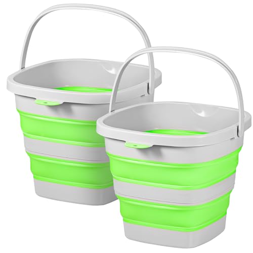 2 Pack 2.6 Gallon(10L) Collapsible Plastic Buckets with Handle Compact Cleaning Square Storage Bucket Portable Water Tub Outdoor Water Pail for Garden Hiking Fishing Camping (Green) - color: Green