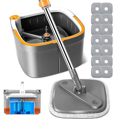Spin Mop and Bucket Set with 14 Replaceable Microfiber Mop Pads with Self Separation Dirty and Clean Water System, Self Wringing 360° Rotating Square Mop Head for Hardwood Tile Marble Floors