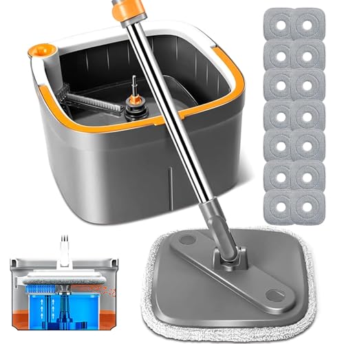 Spin Mop and Bucket Set with 14 Replaceable Microfiber Mop Pads with Self Separation Dirty and Clean Water System, Self Wringing 360° Rotating Square Mop Head for Hardwood Tile Marble Floors