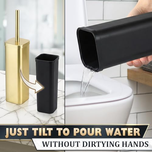Gold Toilet Brush with Square Holder - Toilet Brush and Holder Set Gold, Stainless Steel Handle with Splash Shield, Replaceable Head and Removable Inner Cup - Freestanding Bathroom Toilet Cleaning Set - color: Gold Rounded Square