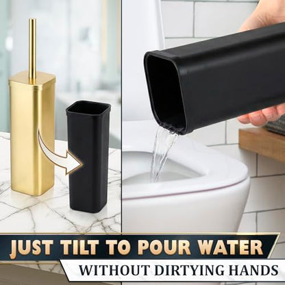 Gold Toilet Brush with Square Holder - Toilet Brush and Holder Set Gold, Stainless Steel Handle with Splash Shield, Replaceable Head and Removable Inner Cup - Freestanding Bathroom Toilet Cleaning Set - color: Gold Rounded Square