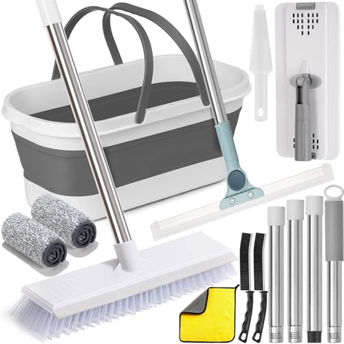 Flat Mop and Bucket Set with Floor Squeegee, Heavy Duty Scrub Brush, 2 Washable Reusable Microfiber Pads, for Tile Hardwood, Wall Cleaning, Home Indoor or Outdoor Cleaning (White-Gray) - size: 9Pcs