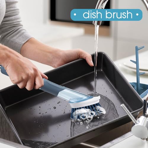 Soap Dispensing Dish Brush Set with Holder - 3 Replaceable Heads (Sponge, Scrubber, Brush) - Long Handle Kitchen Cleaning Brush for Pots, Pans, Sink & Dishes - Non-Slip Grip (Blue)