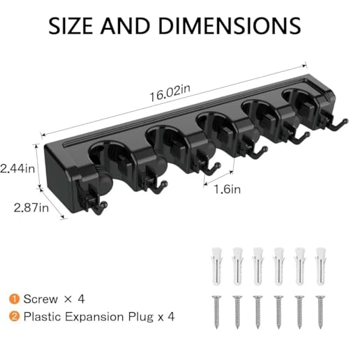 Broom Holder Wall Mount, Heavy Duty Mop Holder Wall Mount with Hooks & Slots, Garage Storage Wall Hanger for Shovel, Rake, Kitchen, Laundry & Shed