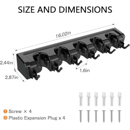 Broom Holder Wall Mount, Heavy Duty Mop Holder Wall Mount with Hooks & Slots, Garage Storage Wall Hanger for Shovel, Rake, Kitchen, Laundry & Shed