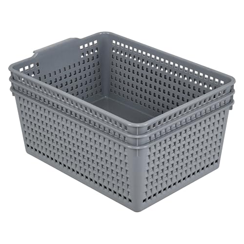 Farmoon Grey Plastic Weave Organizer Basket, 3 Packs Plastic Storage Baskets