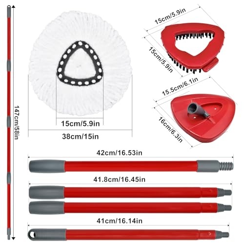 Spin Mop Replace Head, Base, Replacement Handle for OCedar EasyWring 1 Tank System 2 Microfiber Refills, 4-Section Sturdy Iron 30-58in Handle, Mop Head Base and Scrubber - size: Red
