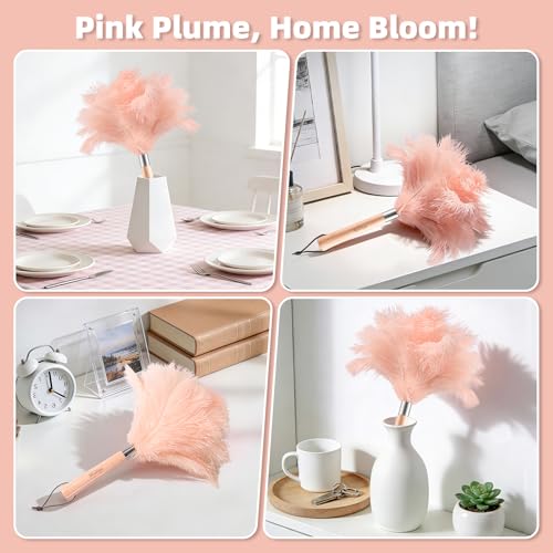 Pink Ostrich Feather Duster with Wooden Handle, 13.5 inch Natural Fluffy Cleaning Tool for Dusting Home, Car, Delicate Surfaces, Reusable Decorative Duster for Ledges, Blinds & Delicate Home Decor