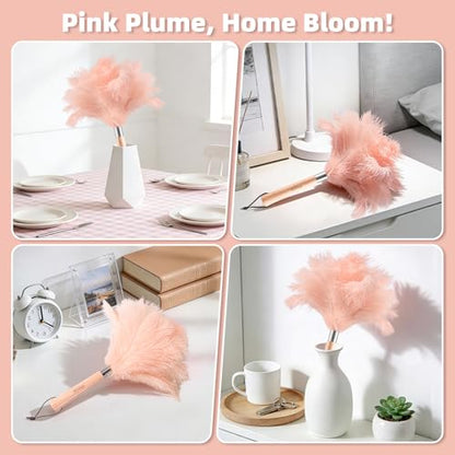 Pink Ostrich Feather Duster with Wooden Handle, 13.5 inch Natural Fluffy Cleaning Tool for Dusting Home, Car, Delicate Surfaces, Reusable Decorative Duster for Ledges, Blinds & Delicate Home Decor