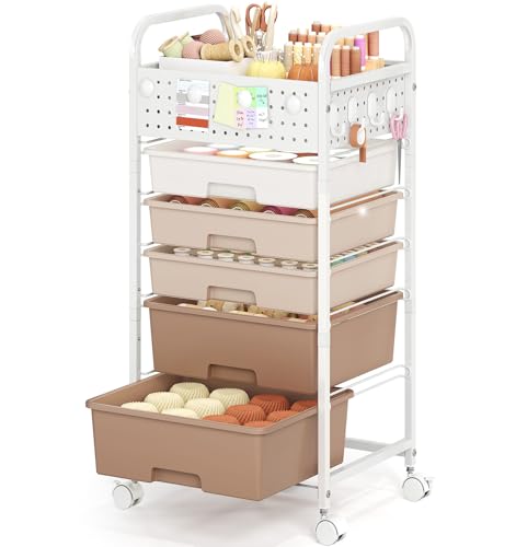 5 Drawer Rolling Storage Cart with Pegboard Top and Hooks, Mobile Organizer Cart with Wheels for Office Supplies, Craft Storage, Classroom Organization, Home Utility Cart, Brown - color: Brown, size: 5-Drawers