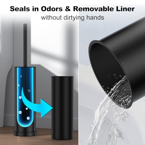 Black Toilet Brush and Holder Set，2 Pack Stainless Steel Heavy Duty Toilet Bowl Brush，Extra Long Handled Modern Toilet Cleaner Brush with Replaceable Head, Removable Inner Bowl, and Splash Protection - color: Black, size: 2 Pack