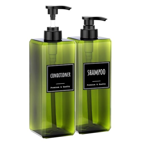 Segbeauty 33.8oz Square Plastic Soap Dispenser Refillable, 2pcs Large Capacity Empty Soap Dispenser Bathroom Kitchen, Green 1000ml Shampoo Pump Bottle Set, Hand Wash Bottles with Waterproof Labels - color: Green, style: 2pcs