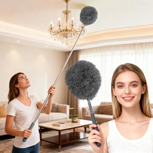 Extendable Microfiber Duster, Telescoping Dusting Brush for Home and Car Cleaning, Adjustable Length, Soft and Flexible - color: Round Grey