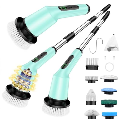 Shower Scrubber with Long Handle, Bathroom Cleaner Brush with 8 Floor Machine Pads, Cordless Electric Spin Scrubber for Cleaning with 2 Speed, Cleaning Supplies for Bathtub Kitchen Floor Mint - color: Mint Green, size: 8 Brush Heads