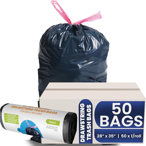 Drawstring Trash Bags, 28×35 Inches, 1 Mil Thick, 50 Count – Heavy Duty Black Garbage Bags with Drawstring Closure, 33 Gallon Capacity