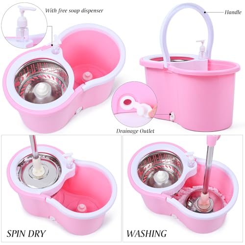 Cute Pink Mop and Bucket Set with 3 Extra Refills (Pink)