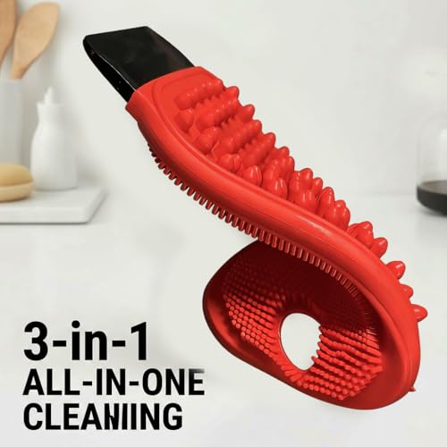 FlexiClean 3-in-1 Silicone Dish Sponge - BPA-Free Food-Grade Cleaning Brush with Dual-Sided Scrubber & Scraper, Hanging Hole Fast-Dry Reusable for Dishes/Fruits/Vegetables (Red 2PCS) - color: Red 2pcs