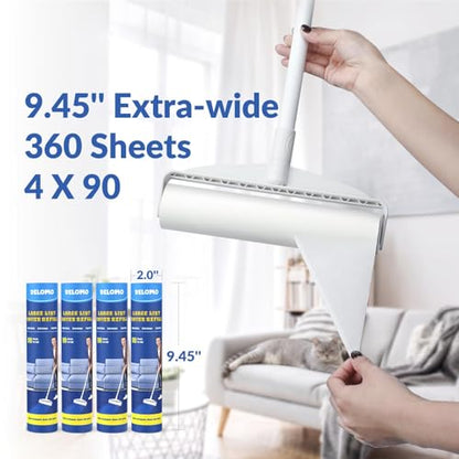 Large Lint Rollers for Carpet: Sticky Rollers for Floor DELOMO 9.45 in with 3 Extendable Handle, Long Handle Sticky Mop for Cleaning Carpets, Cars, Bedding, Couches, and Pet Hair - for Pet Homes - size: A: 1 Roller + 4 Refills (Wide: 9.45 in)