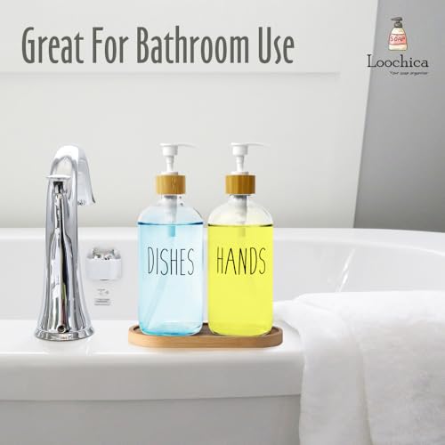 LOOCHICA Clear Glass Soap Dispenser Set with Tray, Transparent Dish and Hand Soap Dispenser Set, Refillable Reusable Apothecary Soap Pump Dispenser Bottles for Bathroom and Kitchen - color: A05-2 X Clear