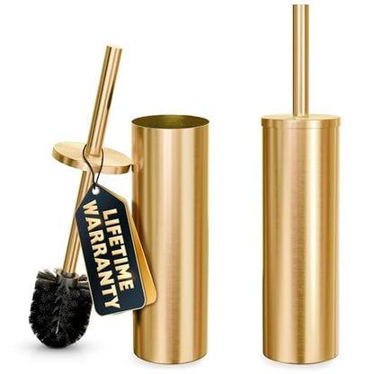 2 PCS Gold Toilet Brush and Holder Set - Brushed Stainless Steel Gold Toilet Bowl Brush and Holder with Replacable Head, Removable Inner Bowl, and Splash Protection - Dense Bristles for Cleaning - color: Gold 2 Pcs